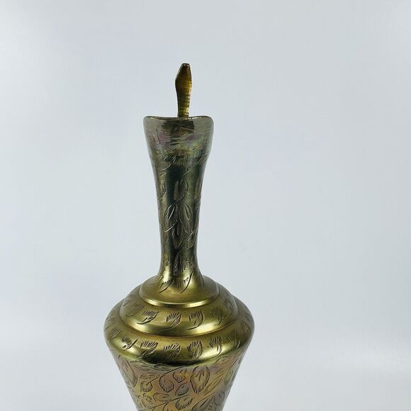 Vintage Etched Brass Ewer Urn Vase Pitcher Jug Cobra Handle Ornate 12in - Picture 4 of 8